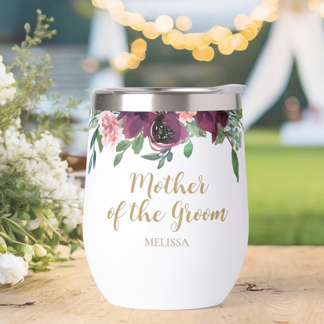 Elégante mère florale de la groom Vin Tumbler (Personalized Elegant Floral Mother of the Groom Wine Tumbler- The perfect gift to say thank you!)