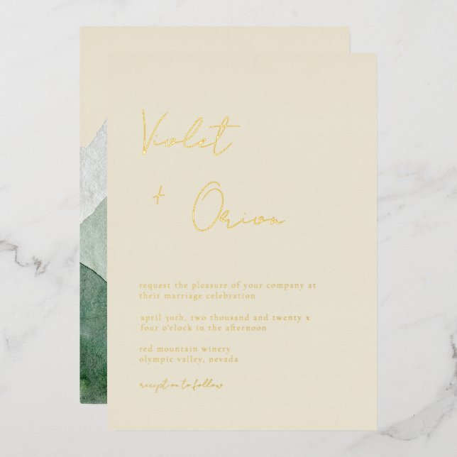 Elégante Montagnes Mariage Gold Foil Invitation (Recto/Verso)