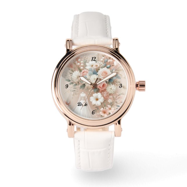 Elégante montre florale avec accents or Rose (Recto)