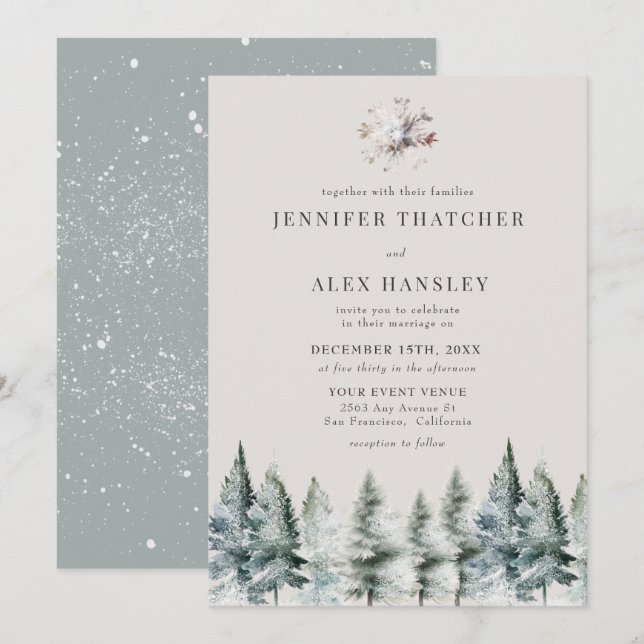 Elégante neige hivernale | Faire-part de mariage d (Devant / Derrière)