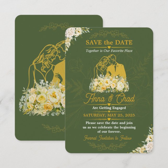 Élégante Olive Botanique Engagement Save The Date (Devant / Derrière)