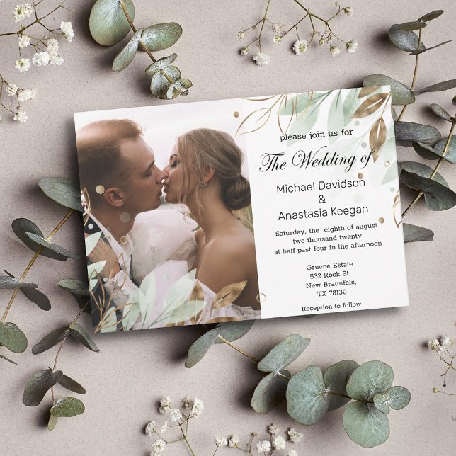 élégante or vert floral mariage photo invitation (Créateur téléchargé)