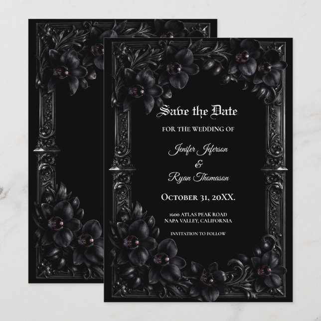 Élégante orchidée noire carte gothique de mariage  (Devant / Derrière)