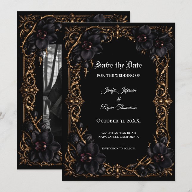 Élégante orchidée noire carte gothique de mariage  (Devant / Derrière)