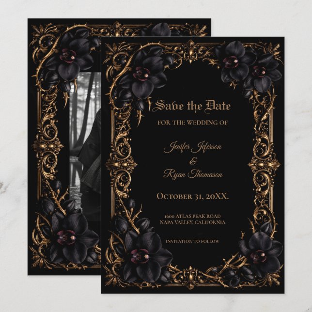 Élégante orchidée noire carte gothique de mariage  (Devant / Derrière)