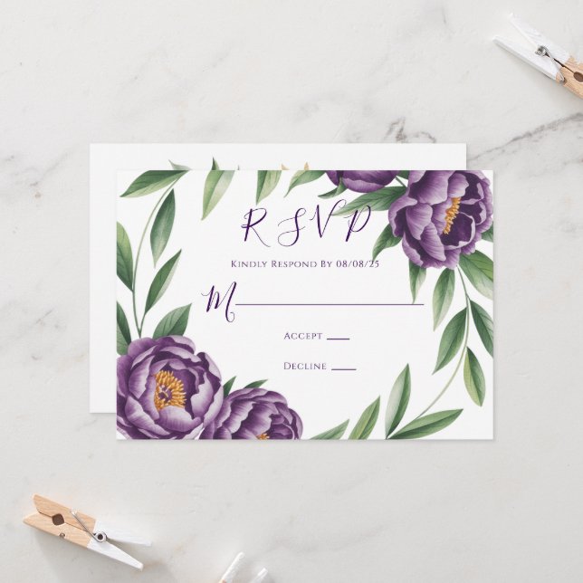 Elégante Peonies violettes mariage carte RSVP (Devant/Arrière en situation)