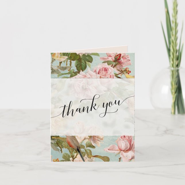 Élégante Photo Fleurie Vintage Rose Script Merci (Devant)