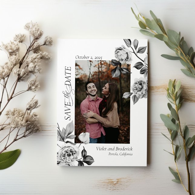 Élégante Photo Fleurs Noir & Blanc Save The Date (Créateur téléchargé)