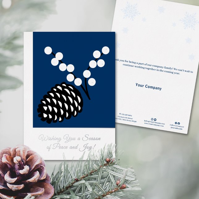 Elégante Pine Cone Foil Business Carte de vacances (Elegant Pine Cone Foil Business Holiday Card, Black, White and Blue)