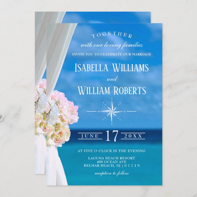 Elégante Plage Florale Plage Mariage Invitation (Devant / Derrière)