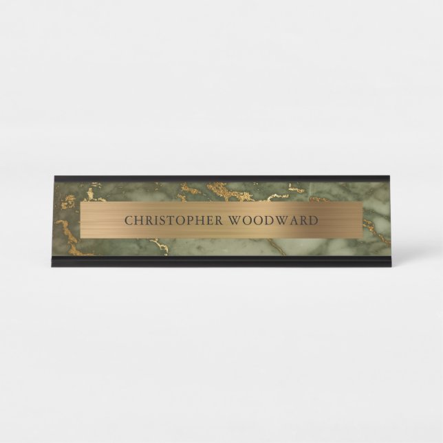 Élégante plaque de nom moderne en marbre vert oliv (Devant)