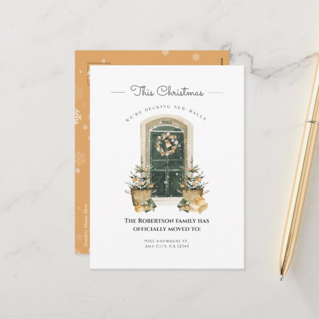 Elégante Porte verte Hiver Nouveau Faire-part (Devant/Arrière en situation)