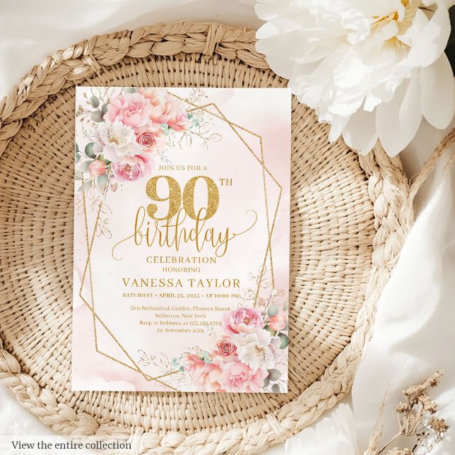 Élégante poudre rose or Fleurs 90e Invitation (Elegant Powder Pink Gold Flowers 90th Invitation)