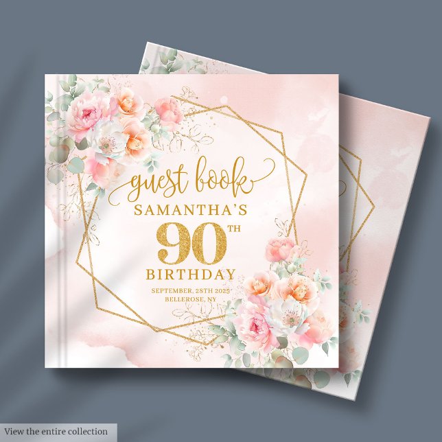 Élégante poudre rose or Fleurs 90e livre d'hôtes (Elegant Powder Pink Gold Flowers 90th Guest Book)
