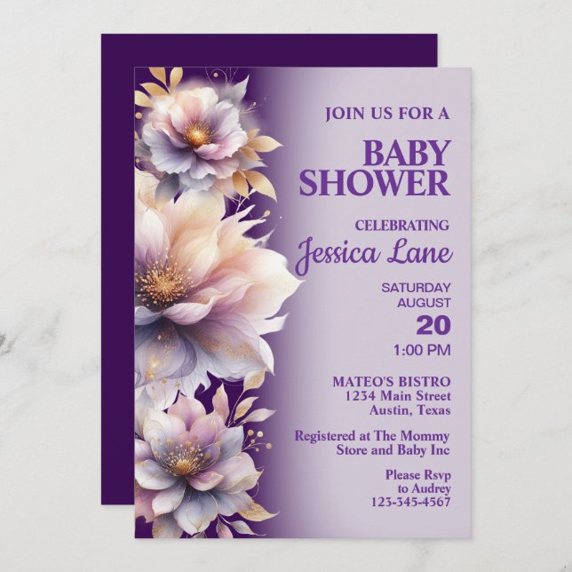 Elégante Purple Floral Baby shower Invitation (Devant / Derrière)