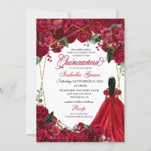 Elégante Quinceanera Florale Rouge Invitation Anni