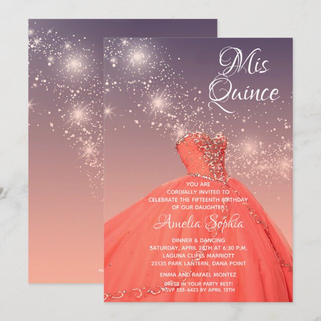 Elégante Quinceañera Gown Stars Invitations (Devant / Derrière)
