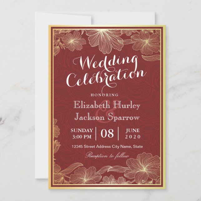 Elégante Red Gold Floral Wedding shower invitation (Devant)
