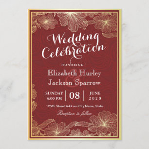 Elégante Red Gold Floral Wedding shower invitation