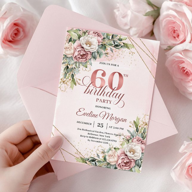 Élégante Rose Gold Boho Florale 60e Invitation d'a (Elegant Rose Gold Boho Floral 60th Birthday Invitation)