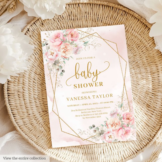 Élégante rose vif fille baby shower invitations (Elegant blush pink floral girl baby shower invitation)
