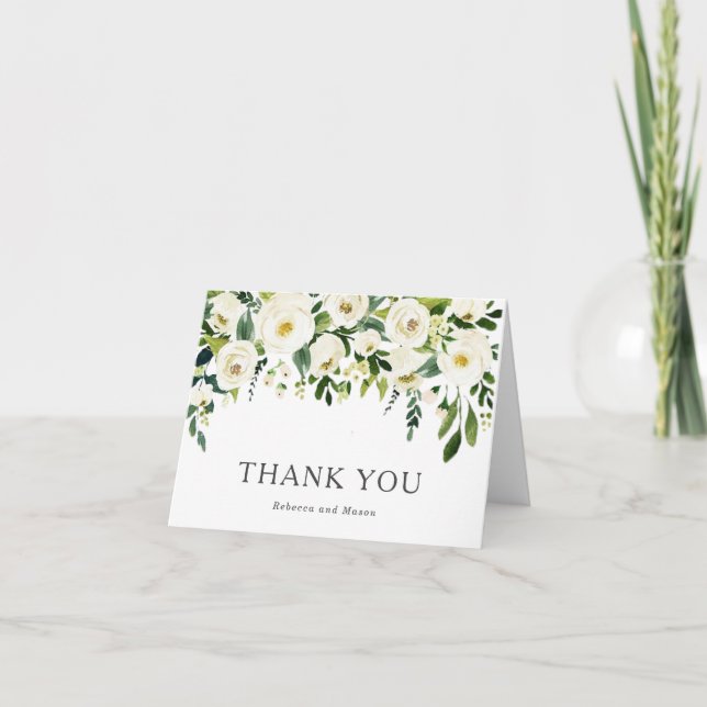 Elégante Roses Blanches Verdure Merci Mariage (Devant)