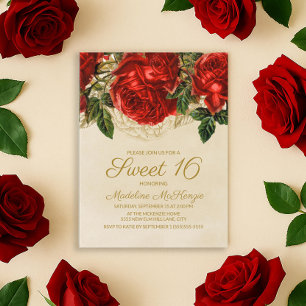 Elégante Roses Rouges Tan Sweet 16 Invitation Anni