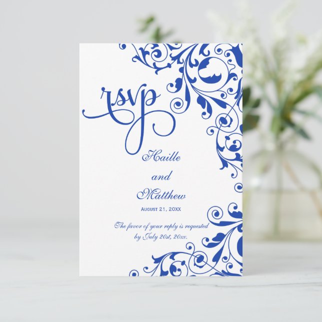 Élégante Royal Blue Swirls RSVP (Debout devant)