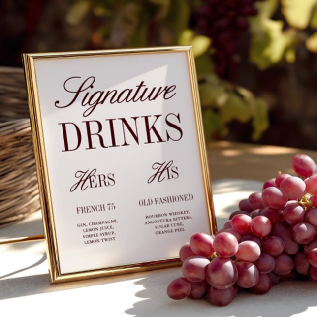 Élégante signature ivoire Boissons Mariage Bar Sig (Elegant Ivory Signature Drinks Wedding Bar Sign)