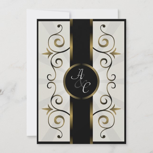 Élégante spirale noire Faire-part de mariage Gold (Devant)