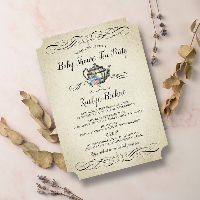 Elégante Tea Party Vintage | Invitation Baby showe (Créateur téléchargé)