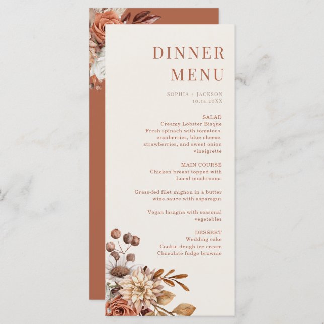 Elégante Terracotta Floral Mariage Diner Carte Men (Devant / Derrière)