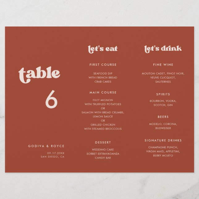 Élégante Terracotta Menu & Table numéro triplé (Devant)