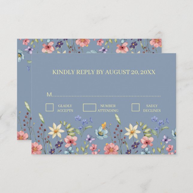 Elégante tradition florale Dusty Blue Wedding RSVP (Devant / Derrière)