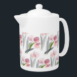 Elégante Tulipes Roses Bleues Sage Vert Feuille Bl<br><div class="desc">Elégante tulipe rose vif avec feuilles vert sauge et gris sur théière blanche.</div>