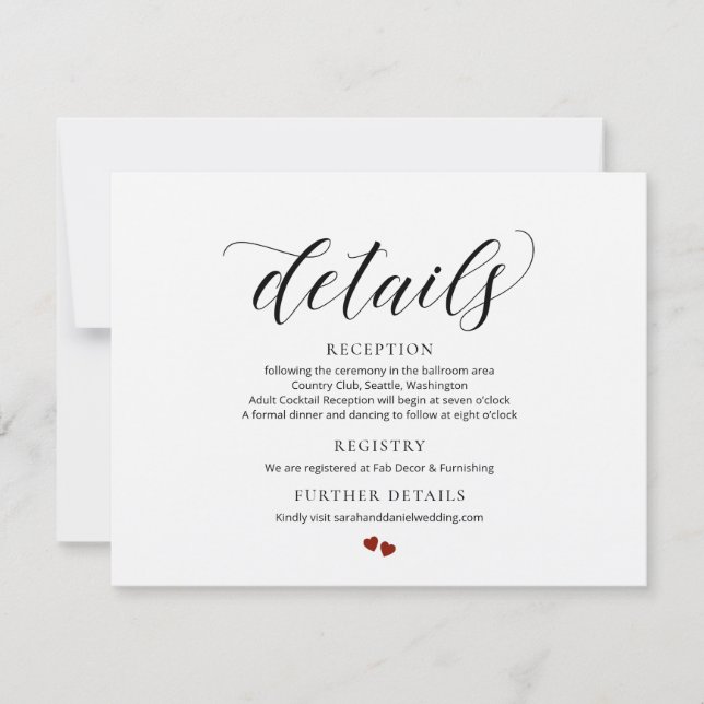 Elégante Typographie Détails du Mariage Carte de b (Devant)