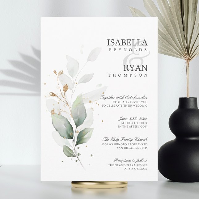 ÉLÉGANTE verdure Faire-part de mariage or Feuille (ELEGANT Greenery Leaves Gold Wedding Invitation | Budget Digital)