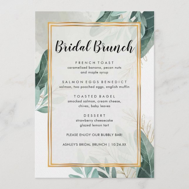 Elégante verdure Floral Bridal Brunch Menu (Devant)