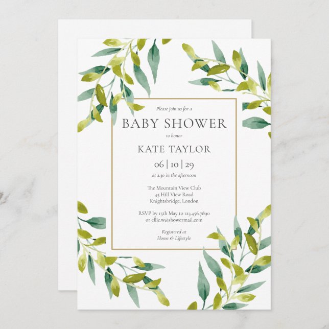 Elégante verdure Foliage Baby shower Invitation (Devant / Derrière)