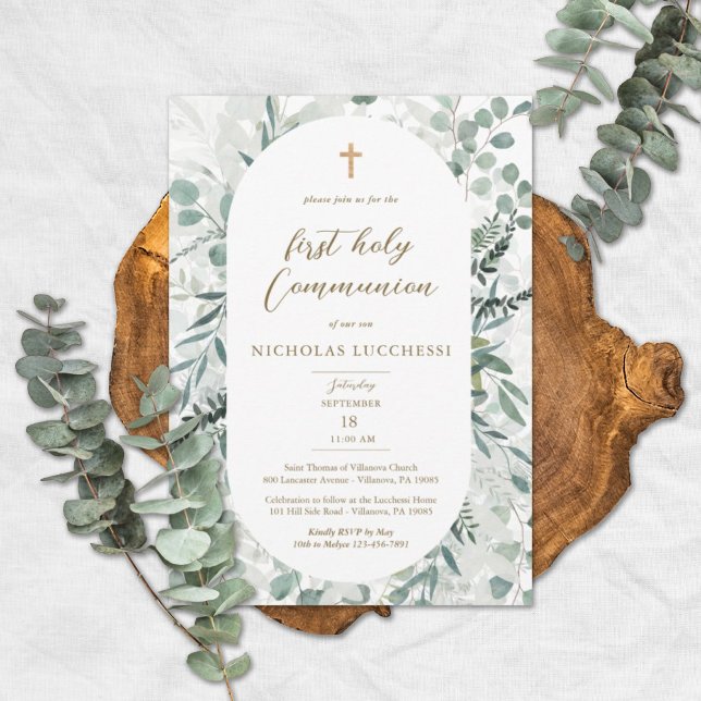 Élégante verdure Ovale Frame Communion Invitation (Créateur téléchargé)