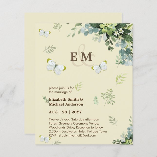Elégante Verdure Papillons Mariage Invitations (Devant / Derrière)