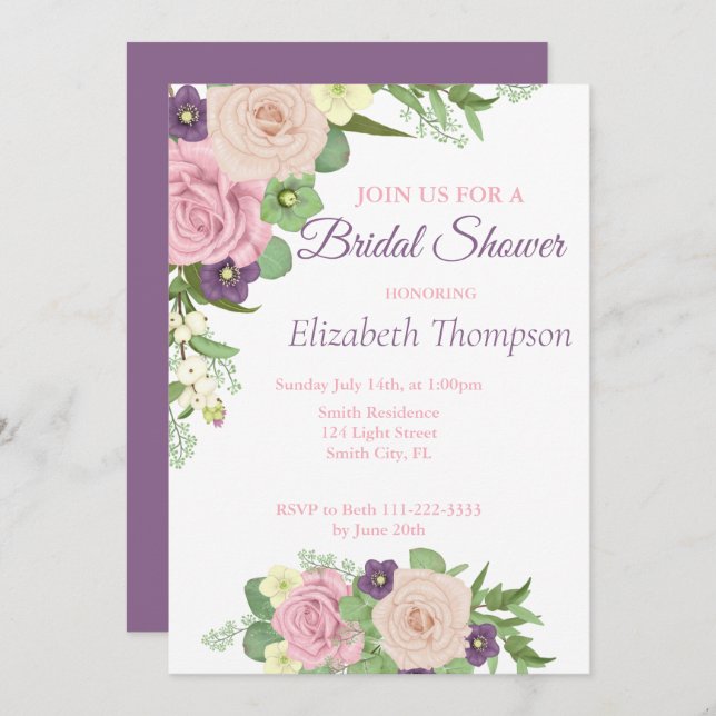 Elégante Violet Floral Bridal Shower Invitation (Devant / Derrière)