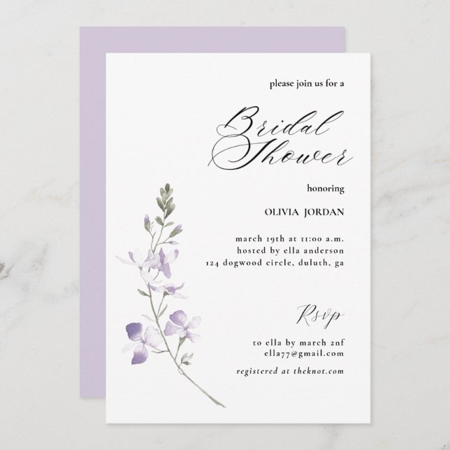 Elégante Violet Floral Bridal Shower Invitation (Devant / Derrière)