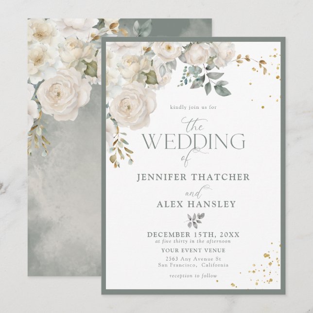 Elégante White Botanical Wedding Invitations (Devant / Derrière)