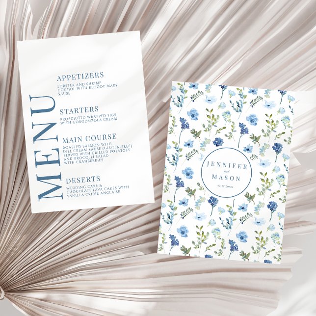 Elégantes cartes de menu mariage à fleurs bleues d (Créateur téléchargé)