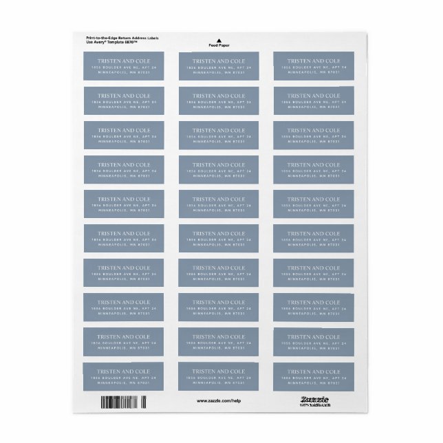 Élégantes étiquettes d'adresse de retour Bleu Pous (Feuille entière)