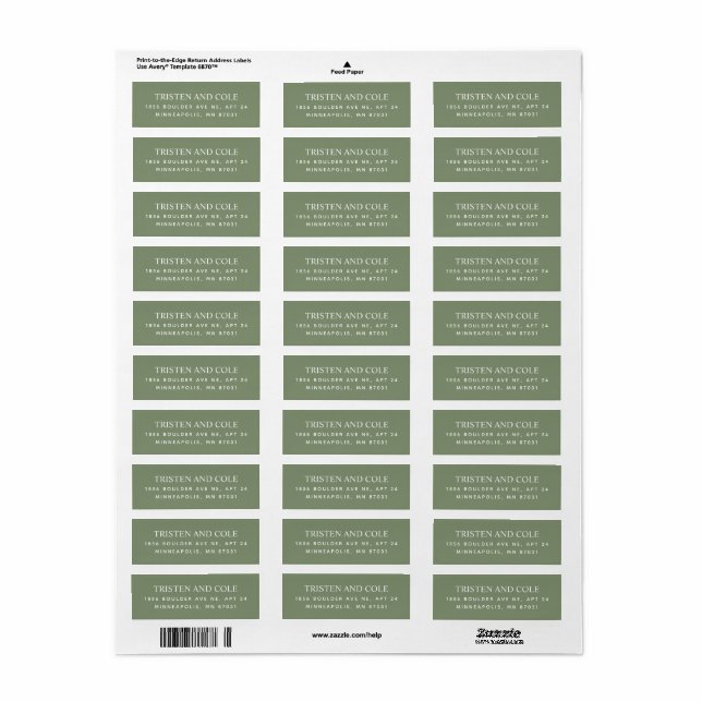 Élégantes étiquettes de retour d'adresse vert saug (Feuille entière)