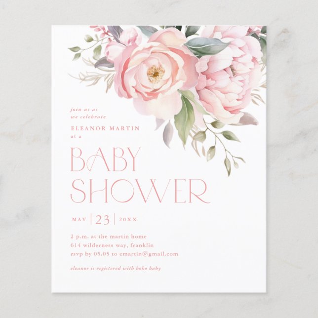 Élégantes Fleurs Jardin Budget Baby shower Invitat (Devant)
