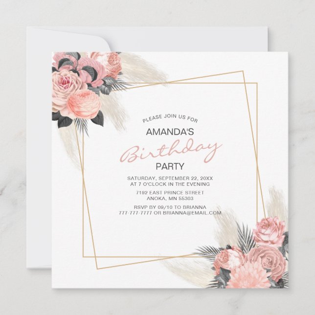 Élégantes Fleurs Roses Et Invitation D'anniversair (Devant)