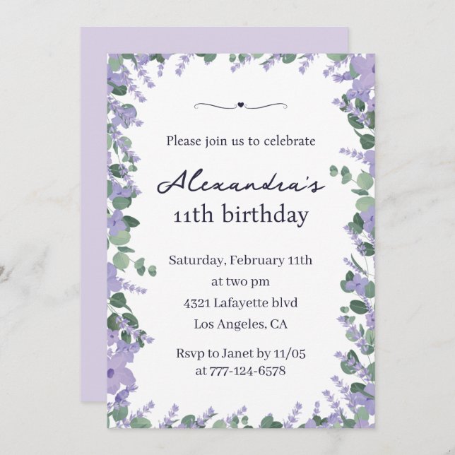 Élégantes invitations à 11e anniversaire Floral Fr (Devant / Derrière)